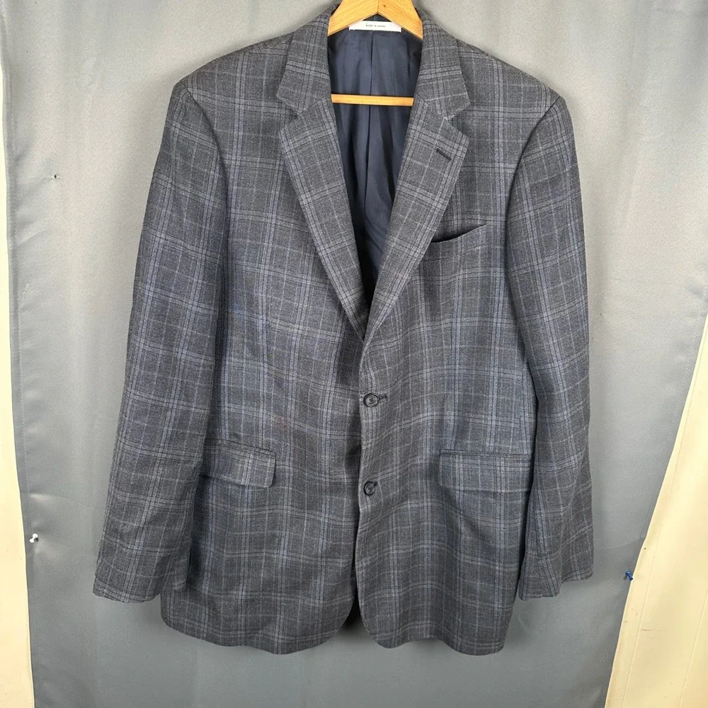 John W. Nordstrom Mens 44L Blazer Sport Coat Grey Blue Plaid Silk Wool Blend